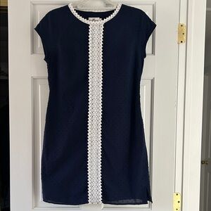 Navy Shift Dress with White Lace Trim
